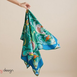 Blue/green silk scarf printed with Phoenix